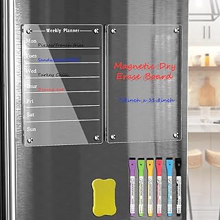 KYYOKE 2 Pcs Magnetic Acrylic Weekly & Memo Calendar for Fridge, 12''x8'' Clear Dry Erase Board Refrigerator Reusable Planner Whiteboard, Includes 6 Markers 1 Eraser (KYY-001)