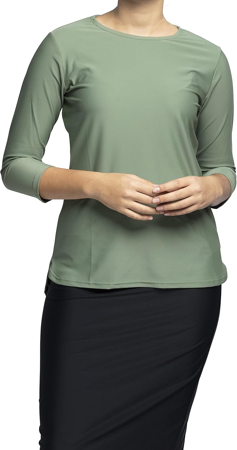Woman Tznius Rash Guard 3/4 Sleeve Athletic for Swim, Tennis, Beach, Sports, UPF 50+ Sun Protection