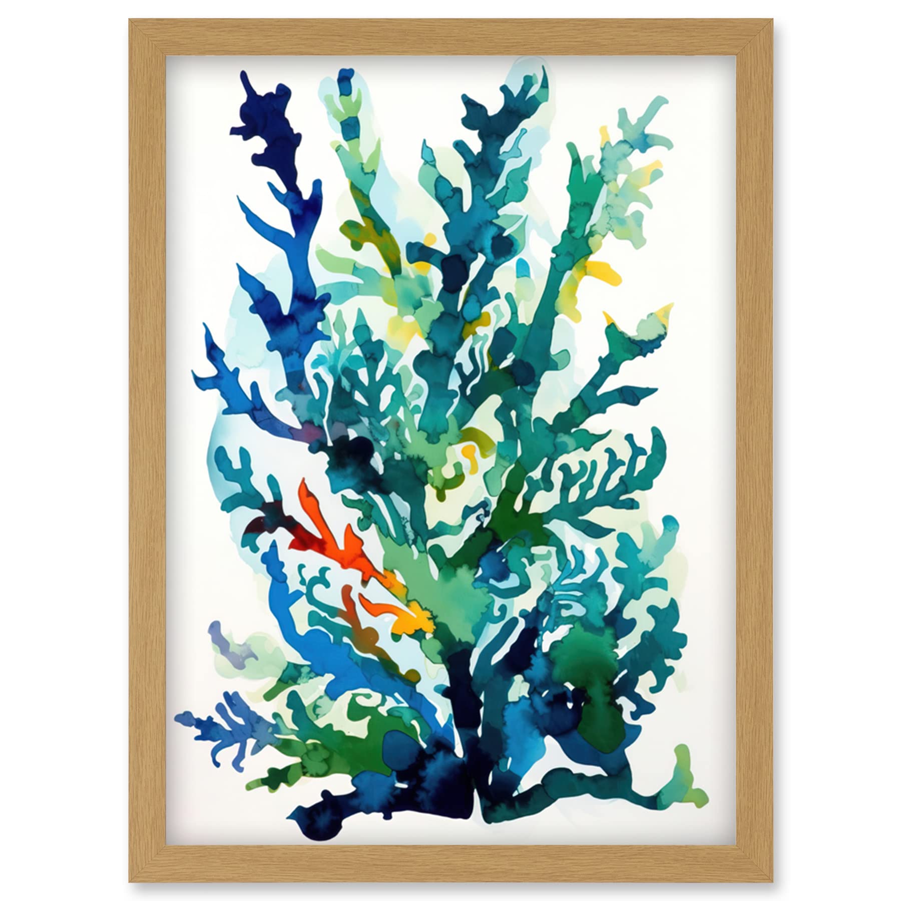 Seaweed Plant Folk Art Framed Wall Art Print - Light Oak Frame - A4