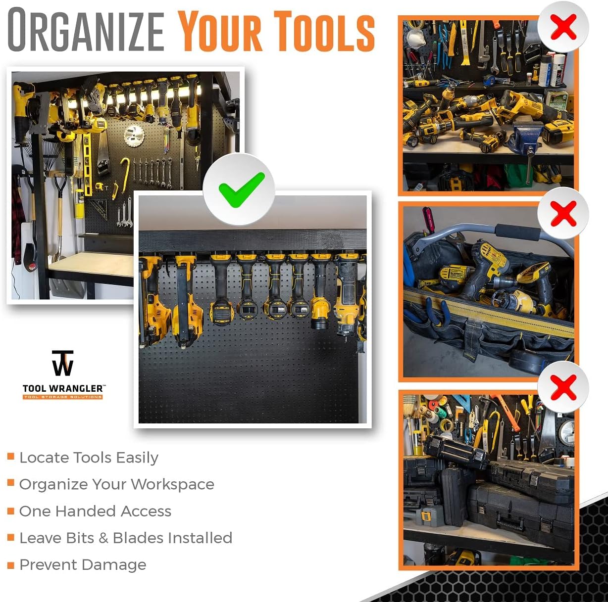Tool Wrangler Dewalt Tool Holder Organization - Fits 20V - 8 DeWalt Tool Mounts | Dewalt Drill Holder Wall Mount | Made in North America | Screws Included | Strongest Dewalt Tool Mount Organizer