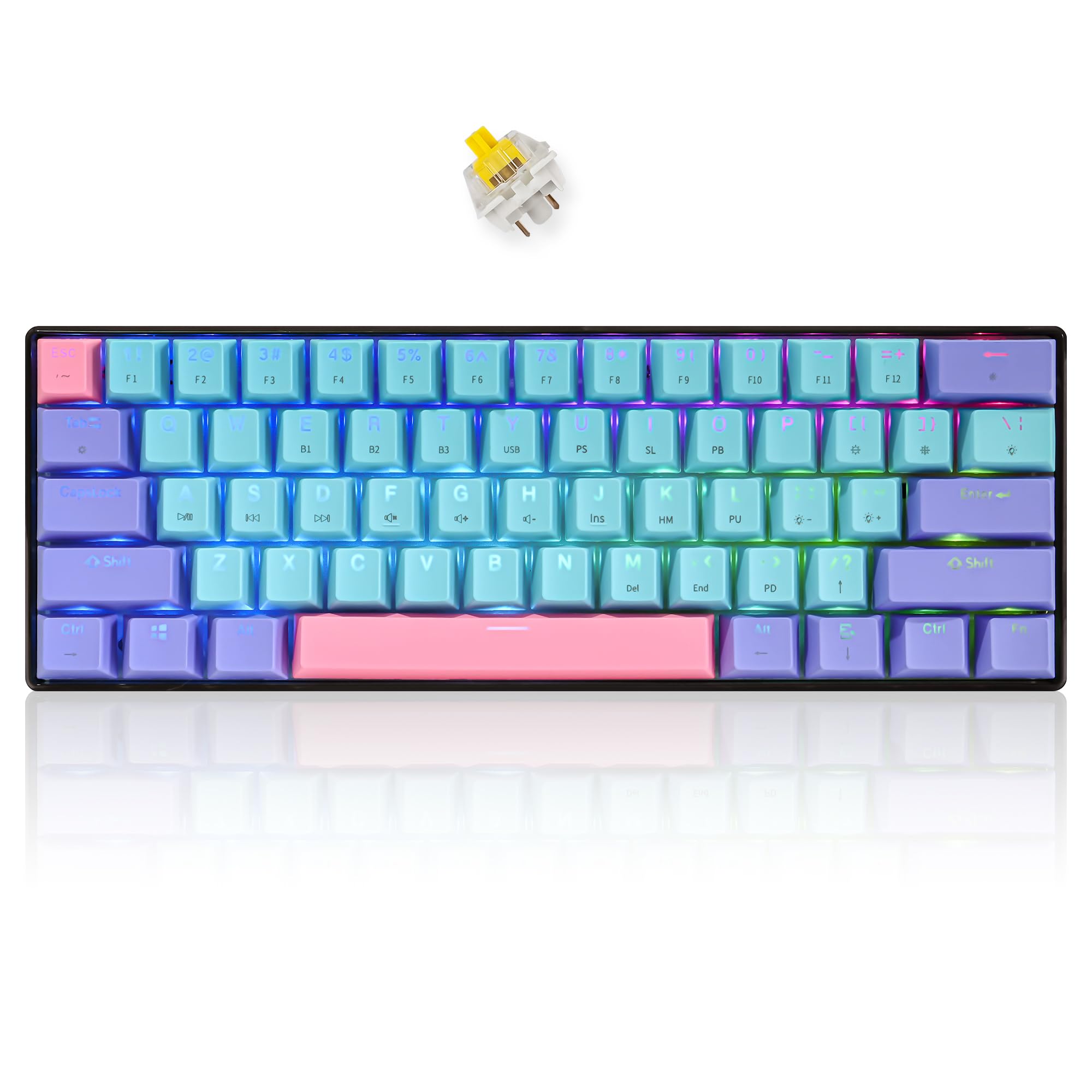 SOLIDEE 60% Teclado mecánico Gaming Wired/Bluetooth 5.0 Teclado de doble modo,teclados de RGB retroiluminado LED,61 teclas Teclado intercambiable en caliente con Interruptor amarillo Gateron(61 Joker)