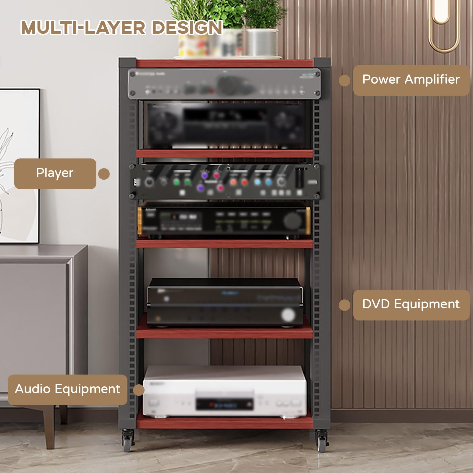 AV Media Stand with Wheels 2/3/4/5 Audio Rack Tower Gaming Shelves Shelf Height Adjustable Stereo Racks and Stands loor Standing Removable Stereo Cabinet Easy to Assemble(Light Walnut,4 Layers)