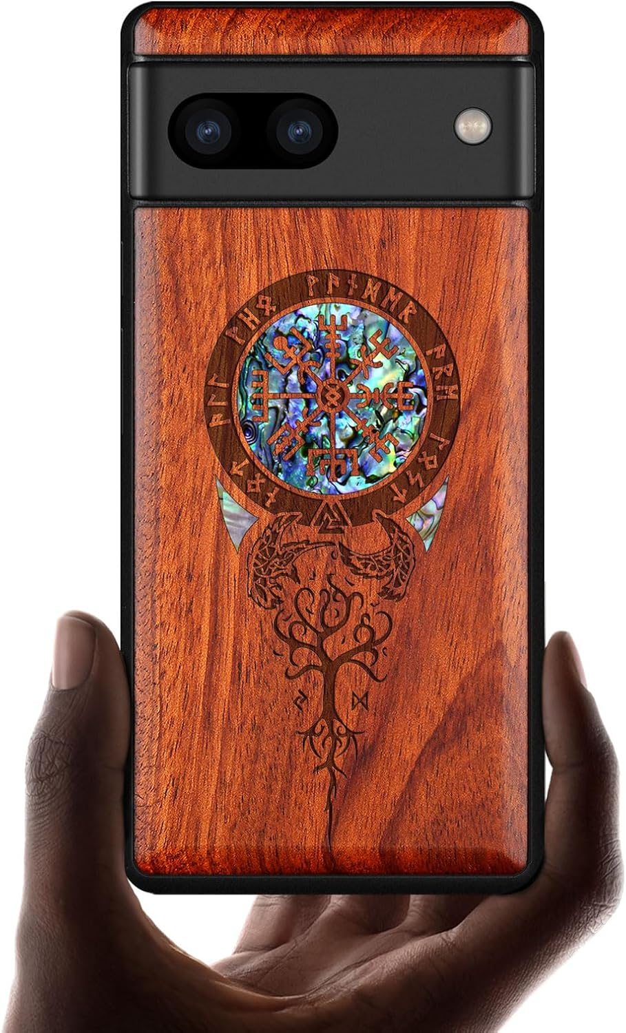 Carveit Designer Wooden Case for Google Pixel 7a Case [Wood Engraving & Shell Inlay] Compatible with Wireless Chargers Pixel 7a (The Vegvisir of Viking-Rosy)