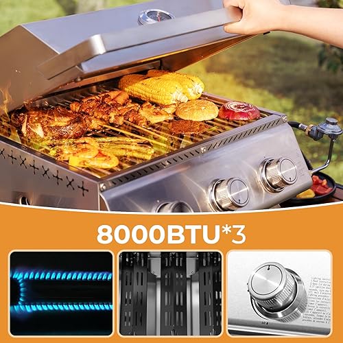 Miniatura 4 de R.W.FLAME Parrilla de gas propano de alta calidad de 3 quemadores de acero inoxidable portátil al aire libre con plancha, cocina multizona de 24,000