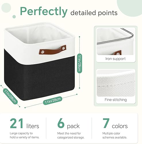 Miniatura 4 de Paquete de 6 cestas de almacenamiento plegables de 11 x 11 pulgadas con asas de cuero para estantes, armario, guardería, juguetes (color blanconegro)