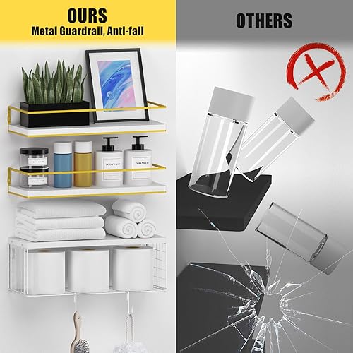 Miniatura 5 de WOCOPIA Estantes flotantes blancos con cesta de almacenamiento de papel higiénico y ganchos en S, organizador y almacenamiento de baño, estantes