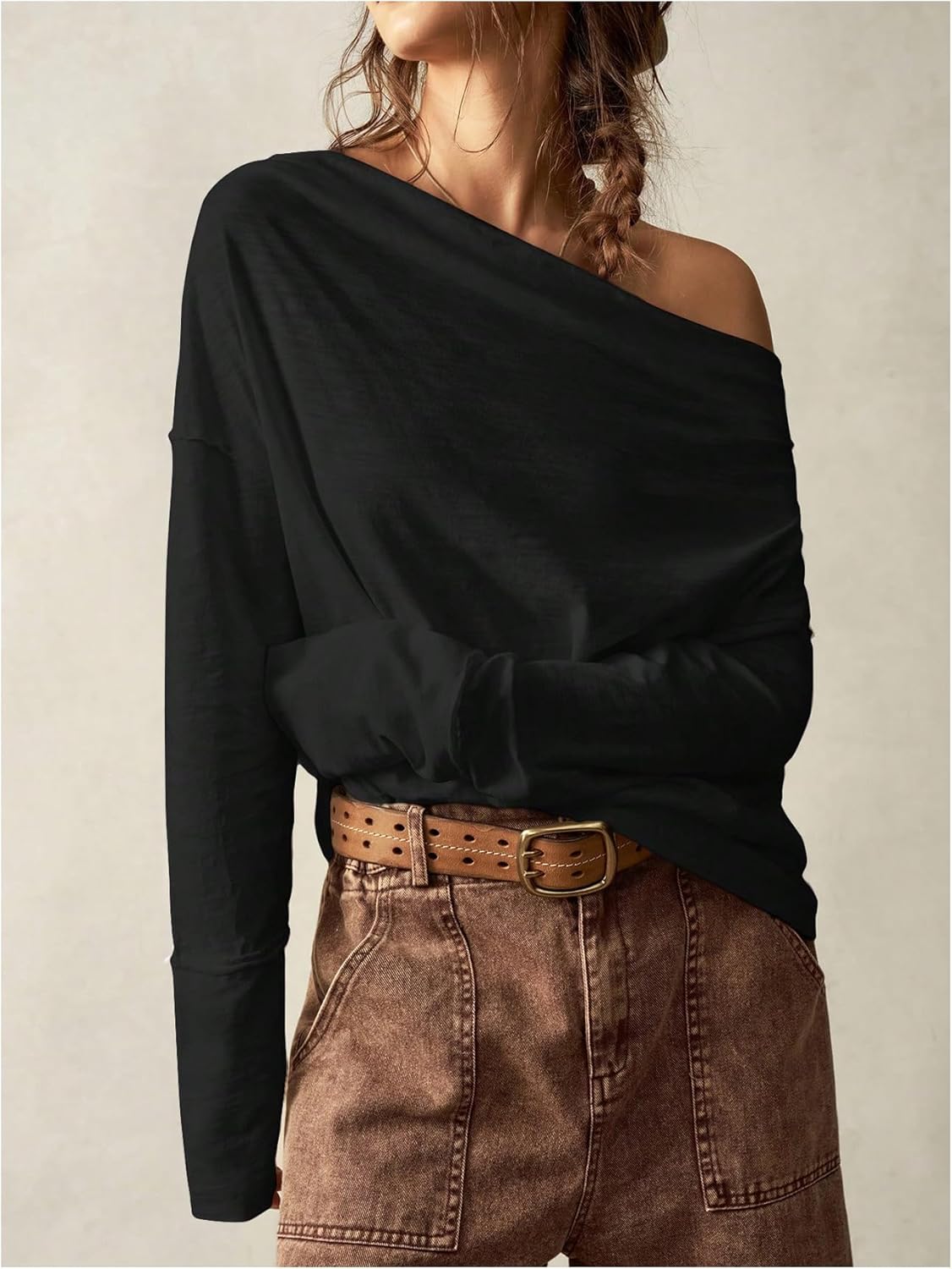 Women's Off The Shoulder Tops Long Sleeve Casual T Shirts Loose Tee Shirt Fall Outfits - Image 3