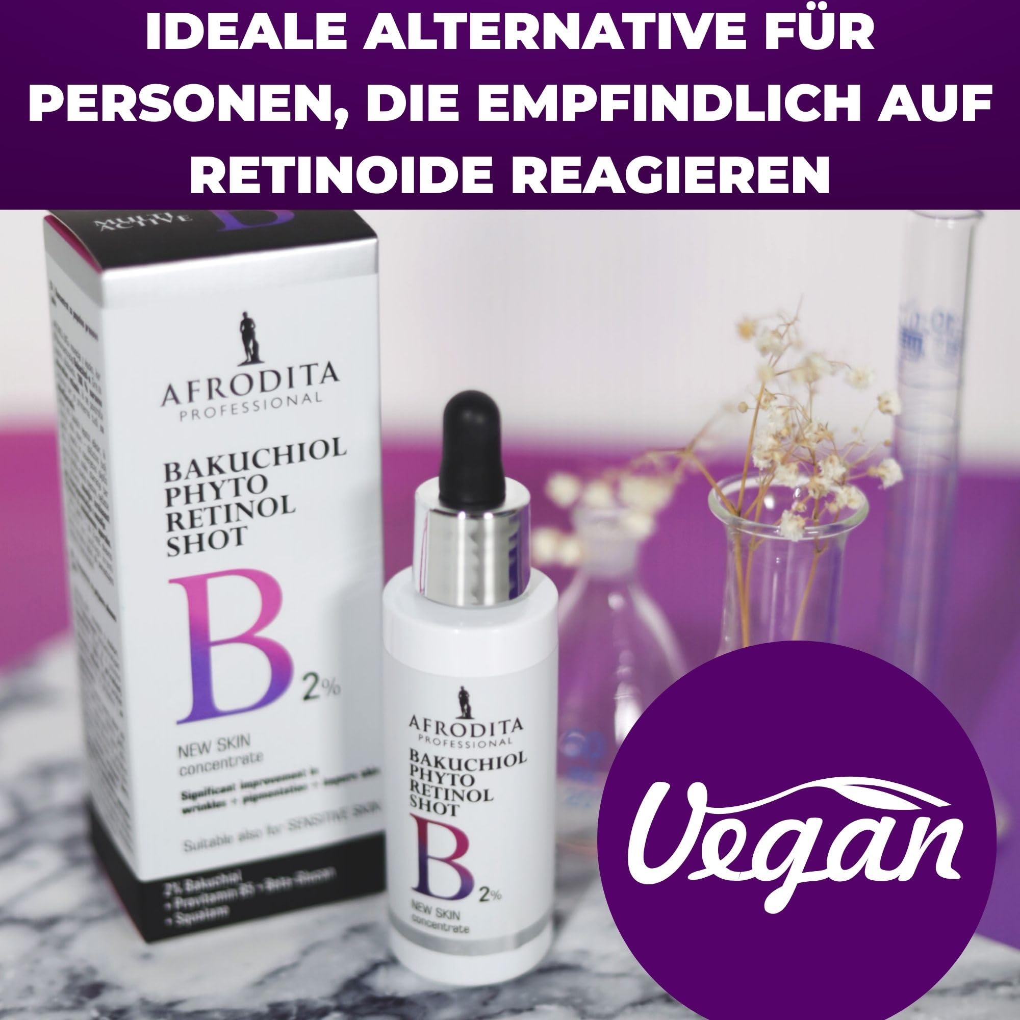 Afrodita Professional Bakuchiol Phyto Retinol Shot 2%, Gesichtsserum mit Sytenol A, Panthenol, Beta-Glucan und Squalan, duftstofffrei, vegan, 30 ml