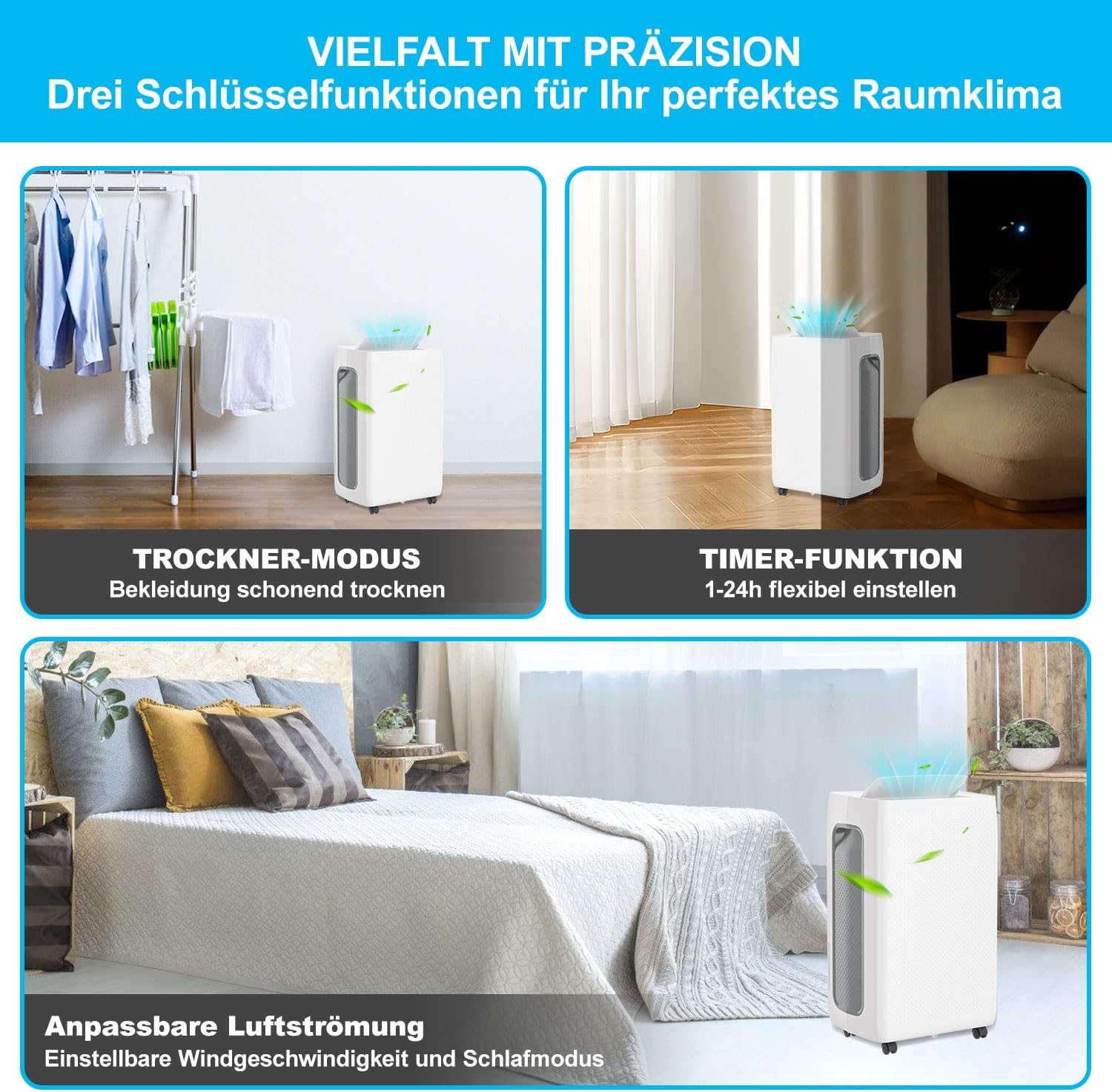 Herrselsam Dehumidifier showing Dryer Mode, Timer Function, and Adjustable Airflow