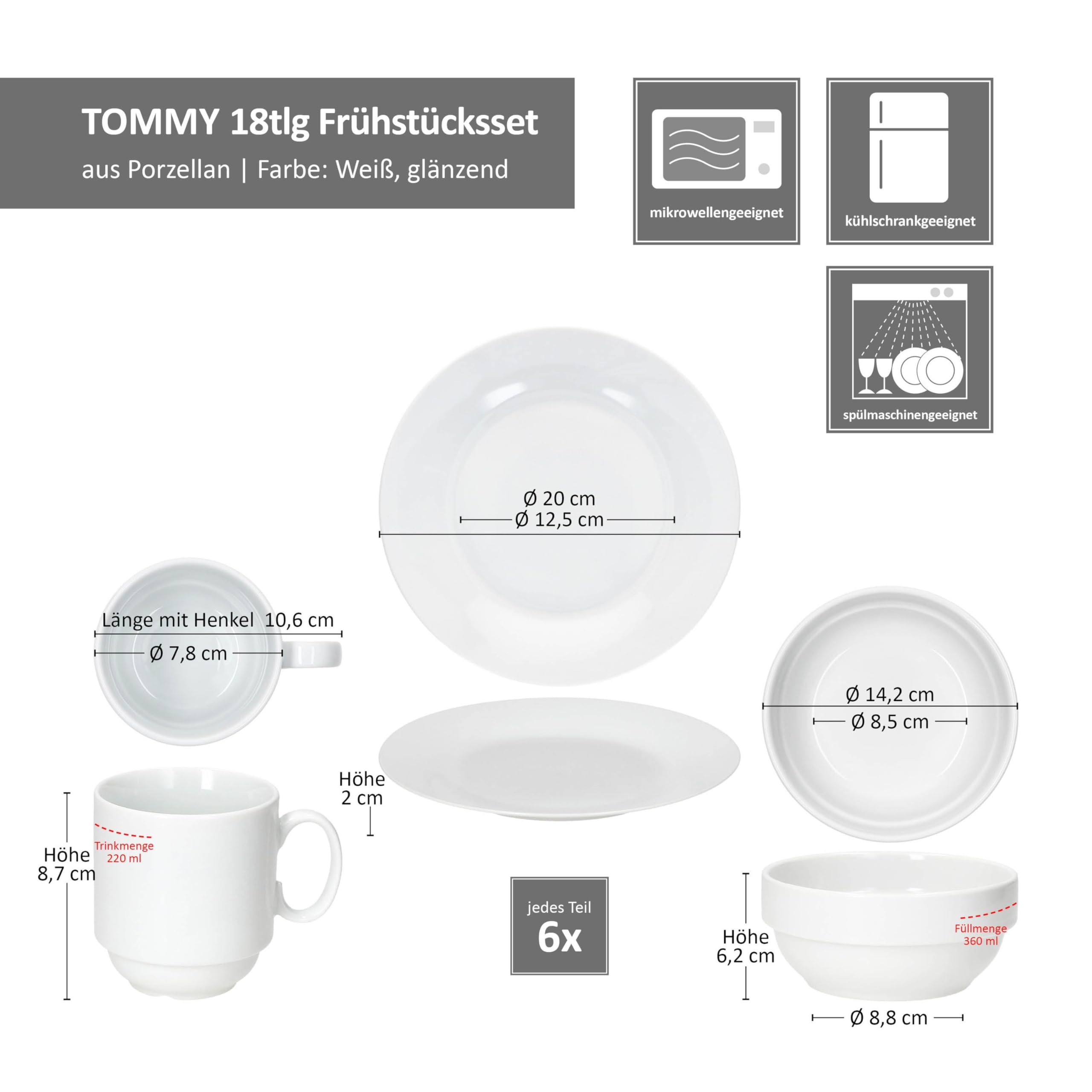 MamboCat Tommy 18tlg Frühstücksset I weißes Porzellan-Geschirr für Frühstücks- & Kaffeezeit I Je 6x Teller, stapelbare Schalen 360ml & Becher 220ml für 6 Personen