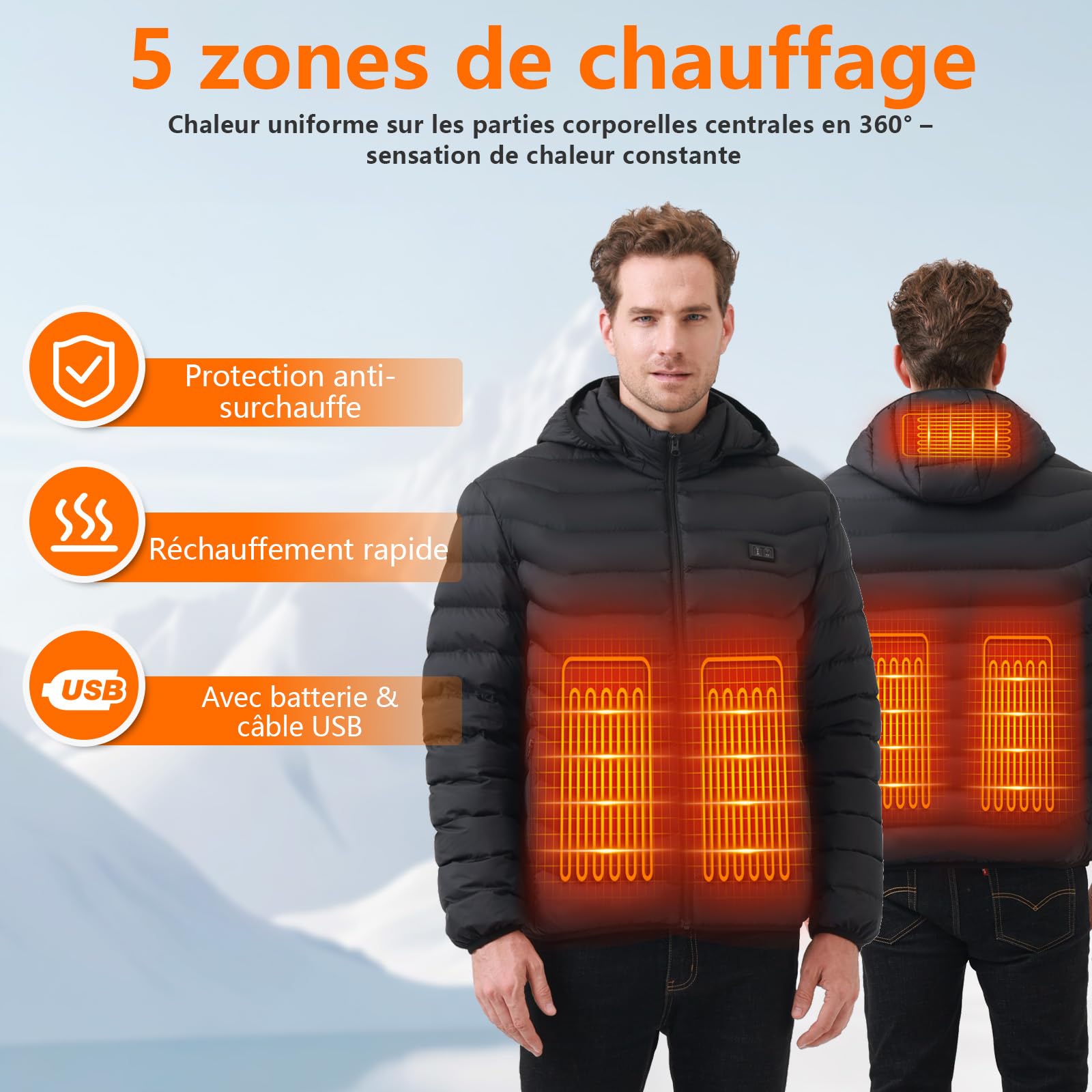 Veste Chauffante Homme et Femme - Blouson Chauffant USB Électrique avec Batterie 10000mAh, 5 Zones Chauffantes & 3 Niveaux de Température - Manteau Doudoune à Capuche pour Hiver et Moto