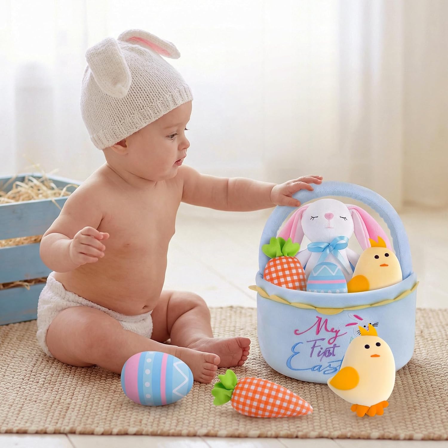 My First Easte First Easter Basket Stuffers Playset, 5 Piece Stuffed Plush Bunny Chick Carrot Egg for Girls Boys Kids Infant Toddler