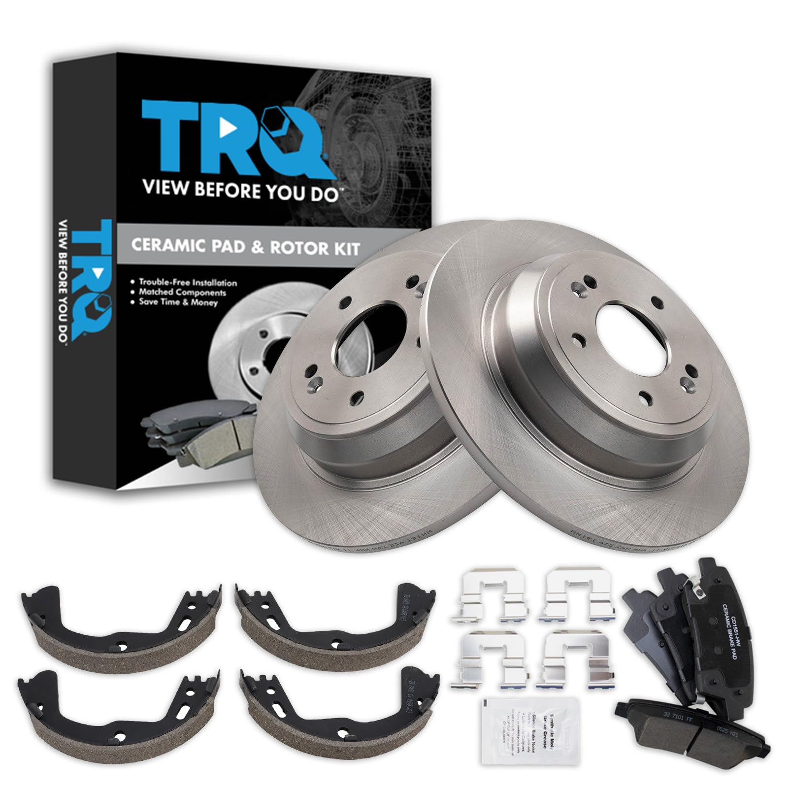 TRQ Rear Brake Pad and Rotor Set Ceramic Parking Brake Shoes Compatible with 2015-2016 Hyundai Genesis 2017 Genesis G80
