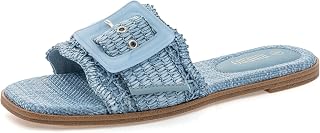 Rihero Raffia Flat Sandals Women Square Toe Buckle Summer Beach Slides | Soft Breathable Lining, Woven Cushioned Footbed, Stylish Oversized Buckle, Vacation, Shopping, Daily, Effortless Style