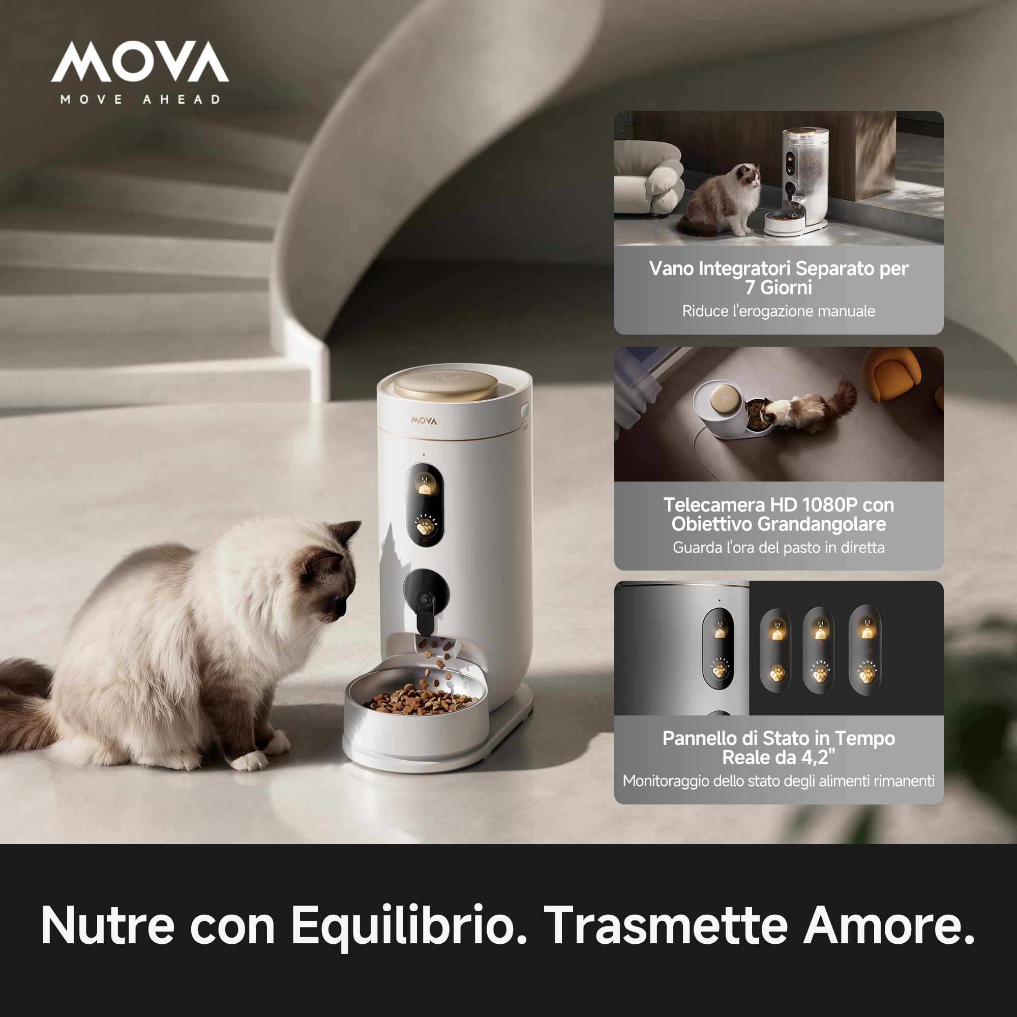 MOVA NutriPal 10 Ultra Distributore di Cibo con Pod Nutrizione 7 Giorni Separato, Camera HD 1080P, 4 Modalità Pasto, Pannello Stato Real-Time 4,2", Autonomia 20+ Giorni 4L, Croccantini Fino a 12mm