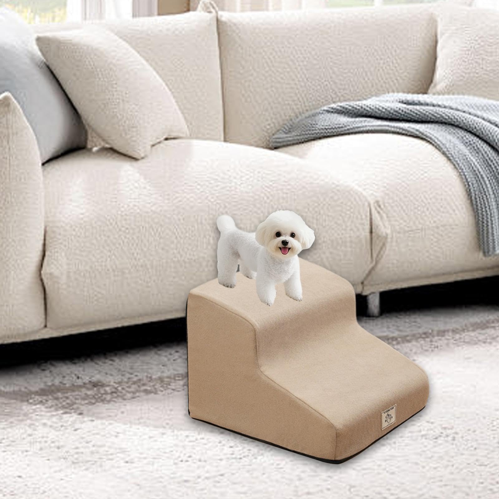 Rampa per Scale per Cani, 2 Gradini, Scaletta per Cani Da Interno, Copertura Rimovibile, Inclinazione Gradi, Scale per Animali Domestici per Can, Cachi