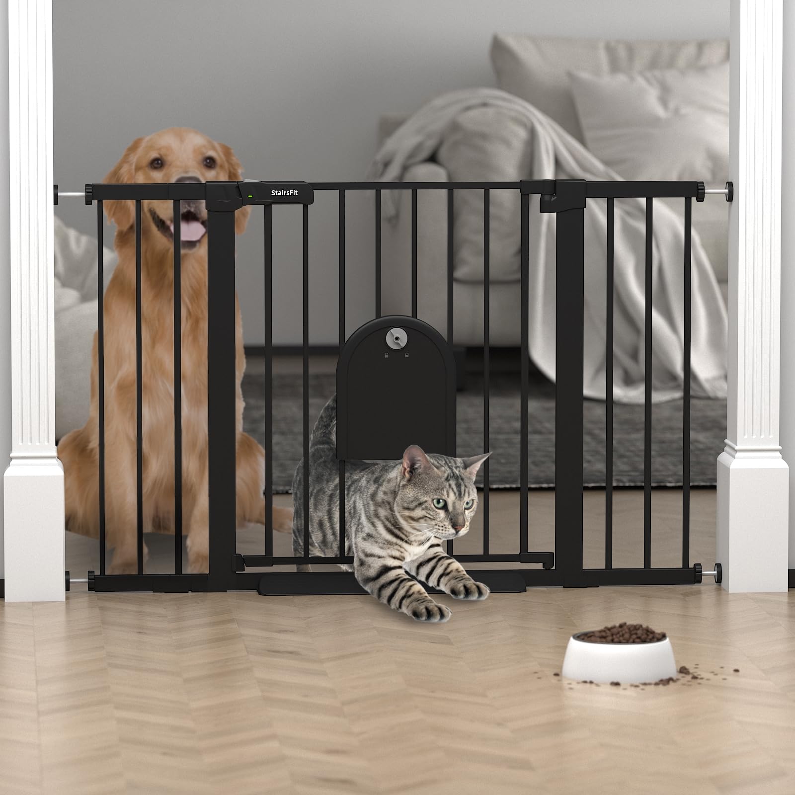 29.5"-51.5" extra wide baby gate with cat door for stairs & doorways - 30.5" tall auto-close metal gate - no drilling pressure mounted dog gate indoor with door (black)