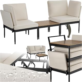 tectake® Set salotto da giardino 5in1, schienale regolabile, tavolino effetto legno, telai in alluminio, cuscini idrorepellenti, braccioli con tasca, divanetto da esterno, set salotto sedie e tavolo