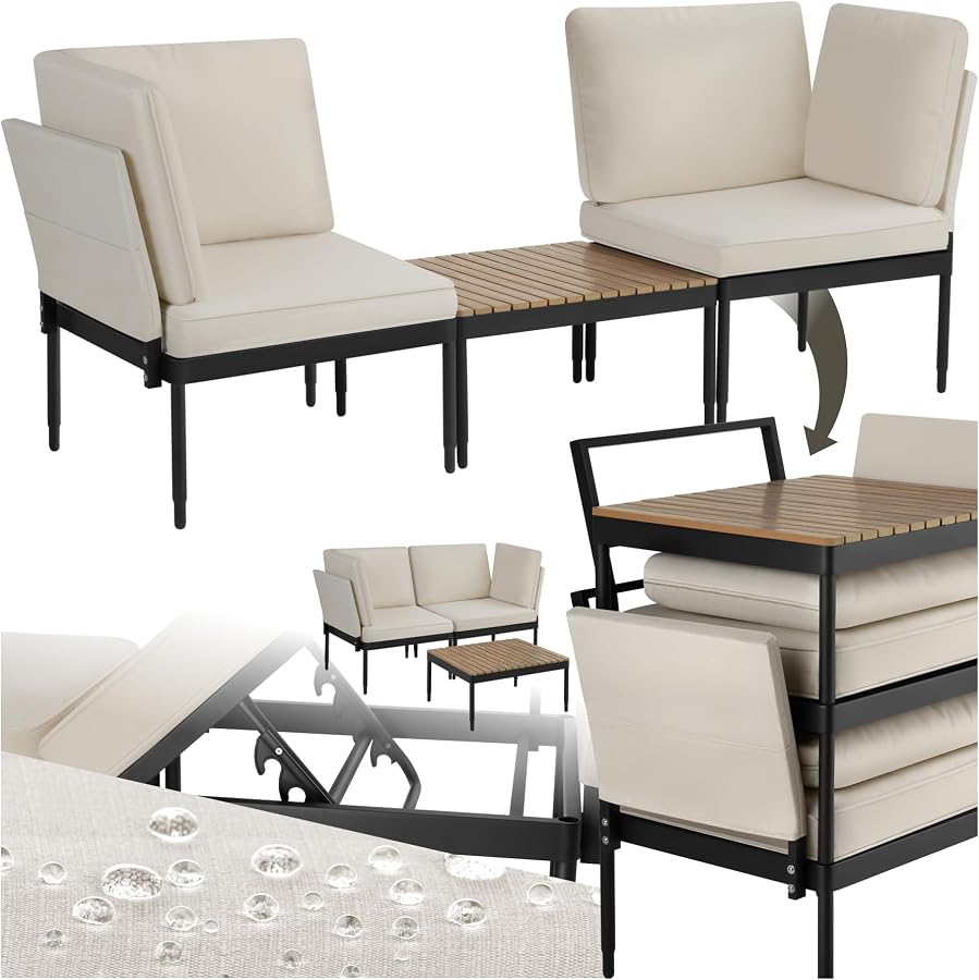tectake® Set salotto da giardino 5in1, schienale regolabile, tavolino effetto legno, telai in alluminio, cuscini idrorepellenti, braccioli con tasca, divanetto da esterno, set salotto sedie e tavolo — foto principale