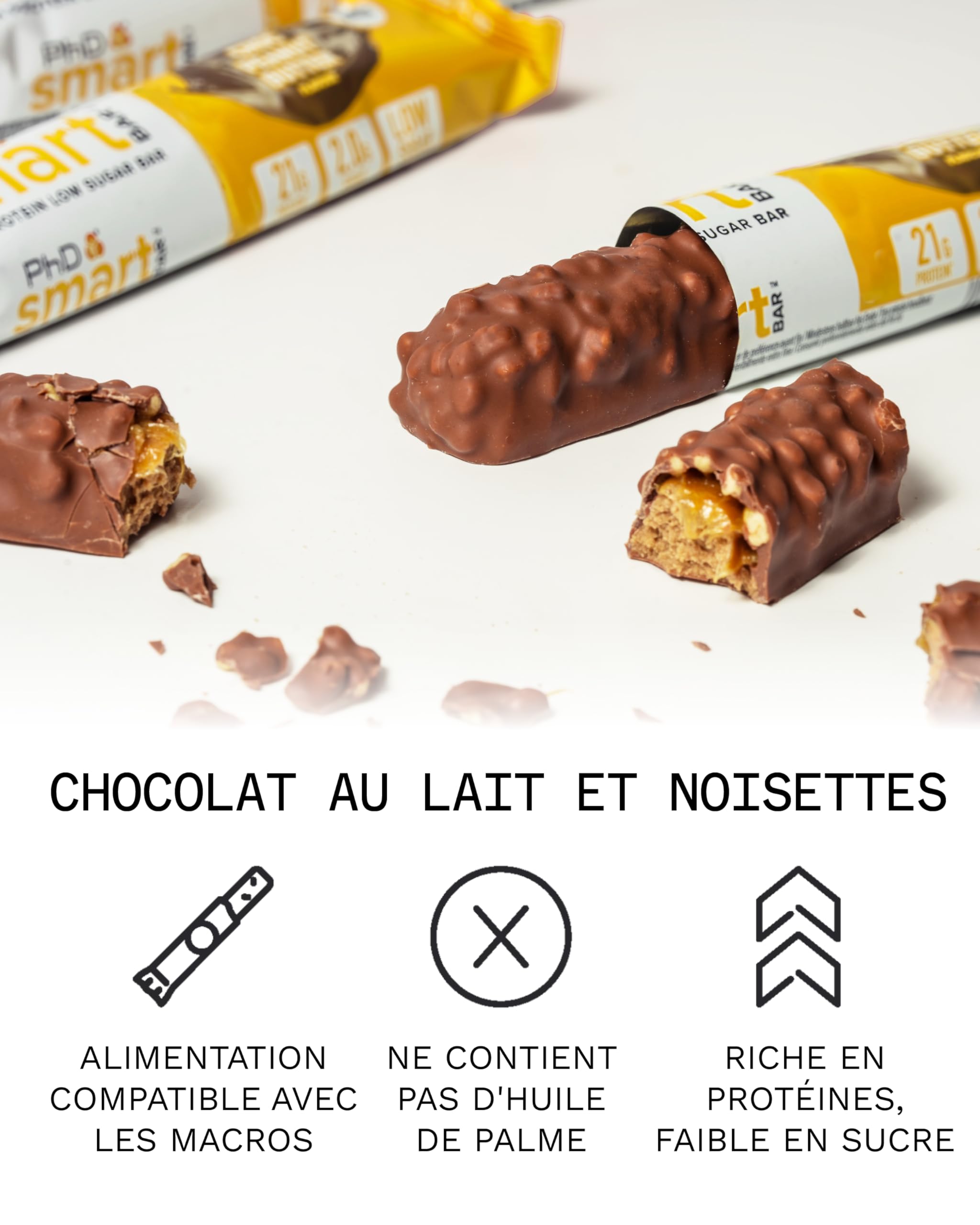 PhD Nutrition Smart Protein Bar niskokaloryczny, odżywcze batony białkowe/przekąski proteinowe, wysokobiałkowy, niskosłodzony, czekoladowy aromat orzechów laskowych, 20 g białka, baton 64 g (12