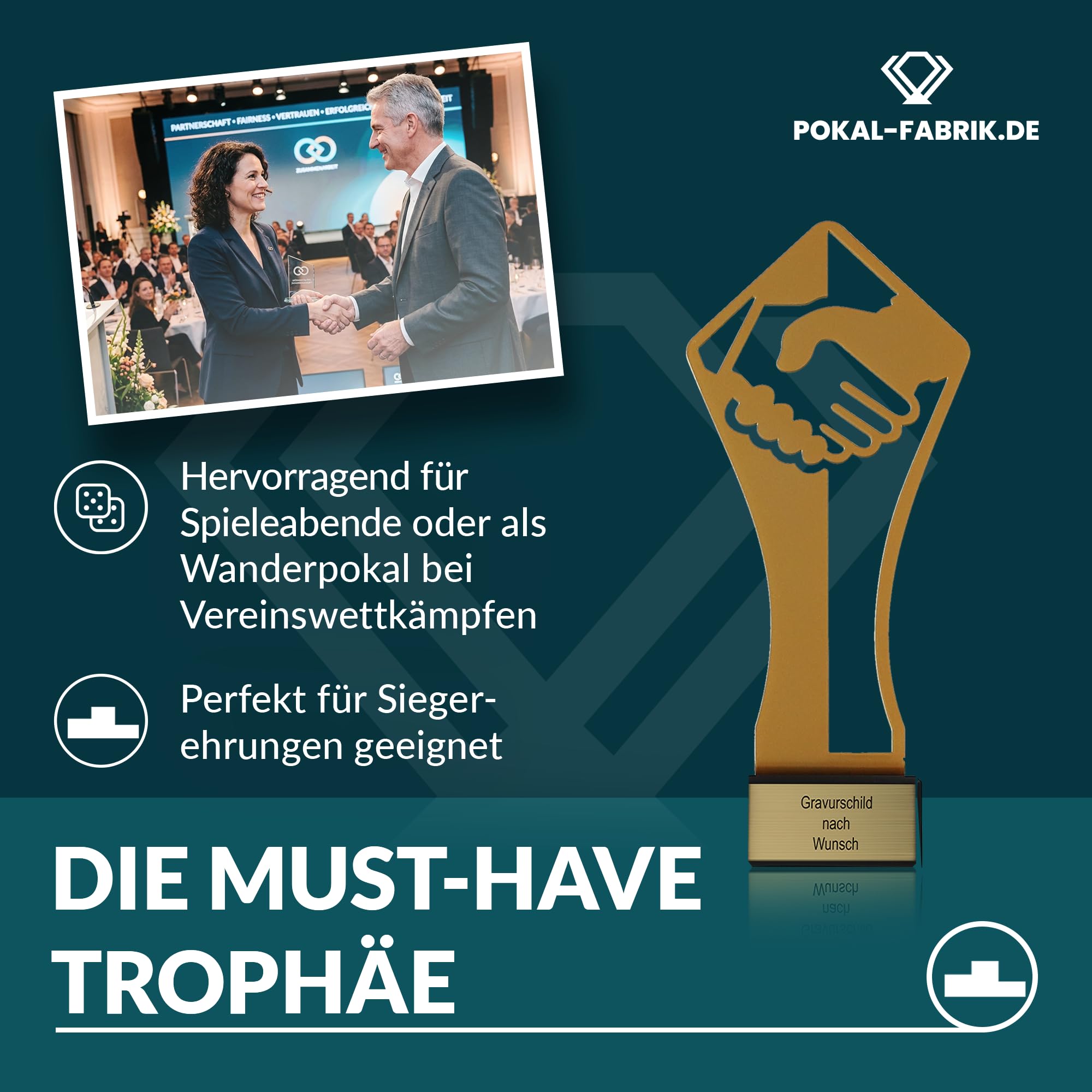 Goldener Teamwork Pokal 21 cm aus Metall mit Gravur - Geschenk-Trophäe mit Handschlag Silhouette - Personalisiertes Geschenk - Auszeichnung für Zusammenarbeit