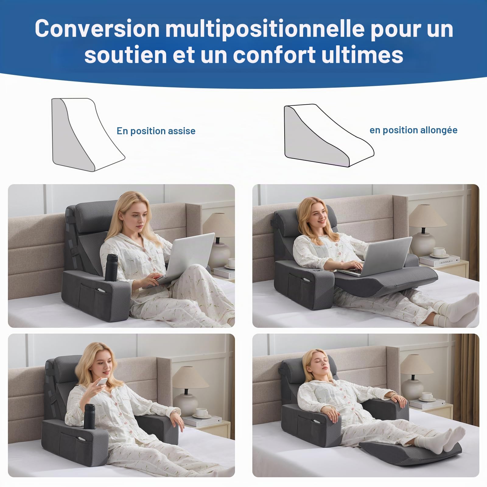 Coussin de lecture pour lit et canapé, coussin de livre avec appuie-nuque et accoudoir amovibles, coussin de dos pour lit, coussin mural multifonction en coin pour lire, travailler