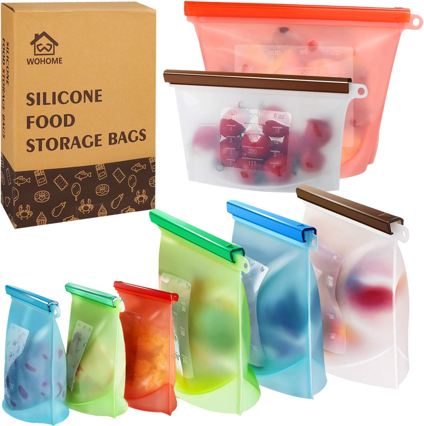 Reusable Silicone Food Storage Bags,WOHOME Freezer Airtight Seal Food Preservation Bags,Food Grade,Versatile Preservation Bag Container for Vegetable,Meat,Fruit,4 Pack Medium 30oz,4 Pack Small 15oz