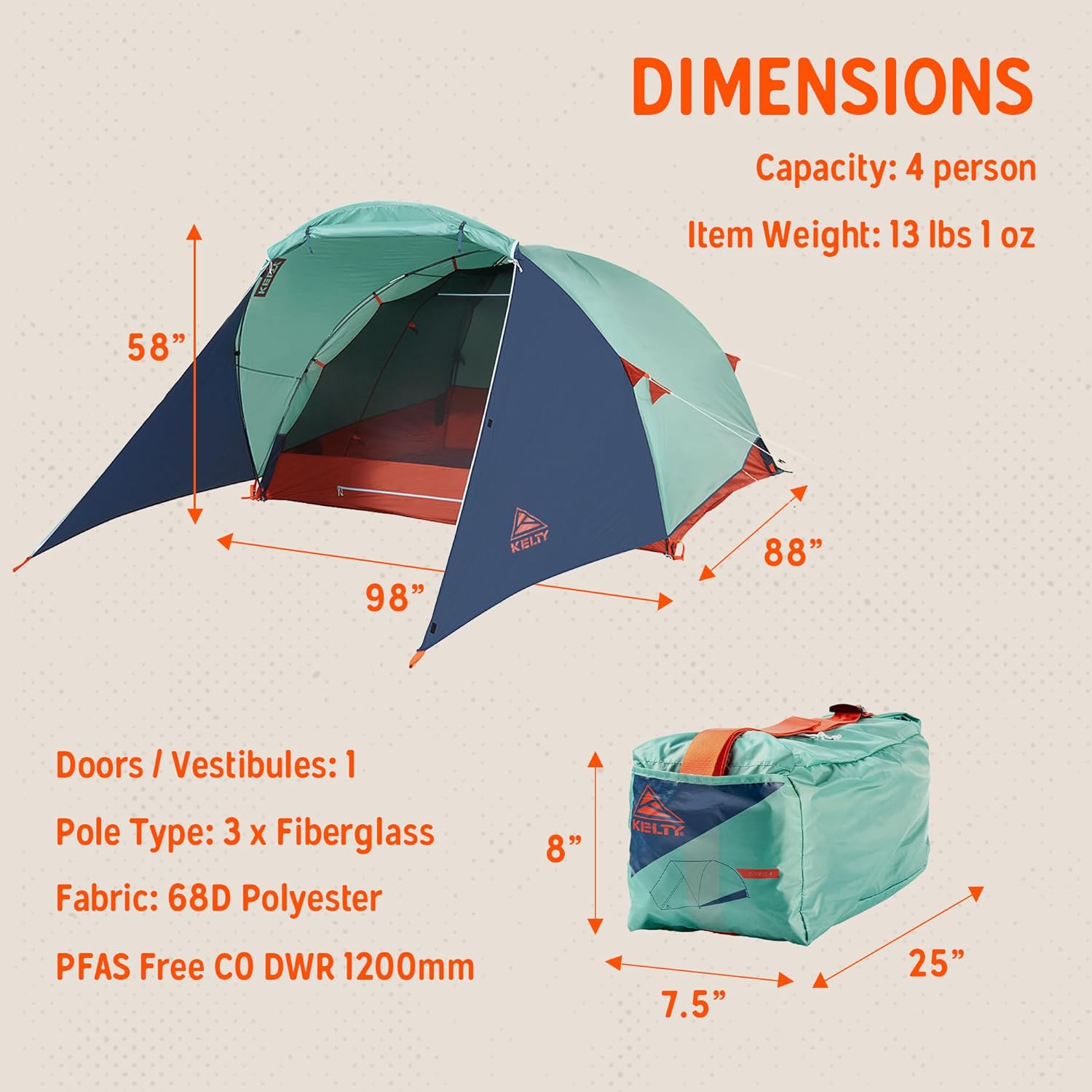 Kelty 4/6 Person Freestanding Rumpus Tent for Camping, Car Camping, Festivals and Family with Extra Large Vestibule