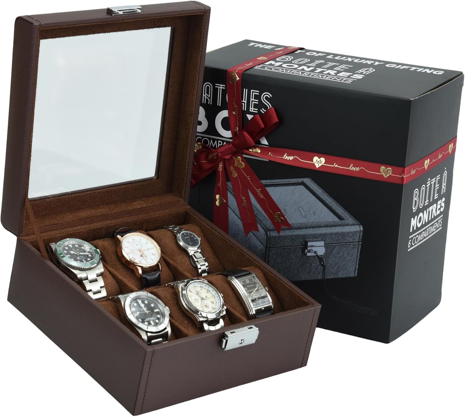 Watch Box Watch Cases for Men,6 Slot Brown Watch Case Organizer Storage Box,Leather Display Holder for Watches,Mens Watch Box for Collection,Anniversary Birthday Gift for Men Women