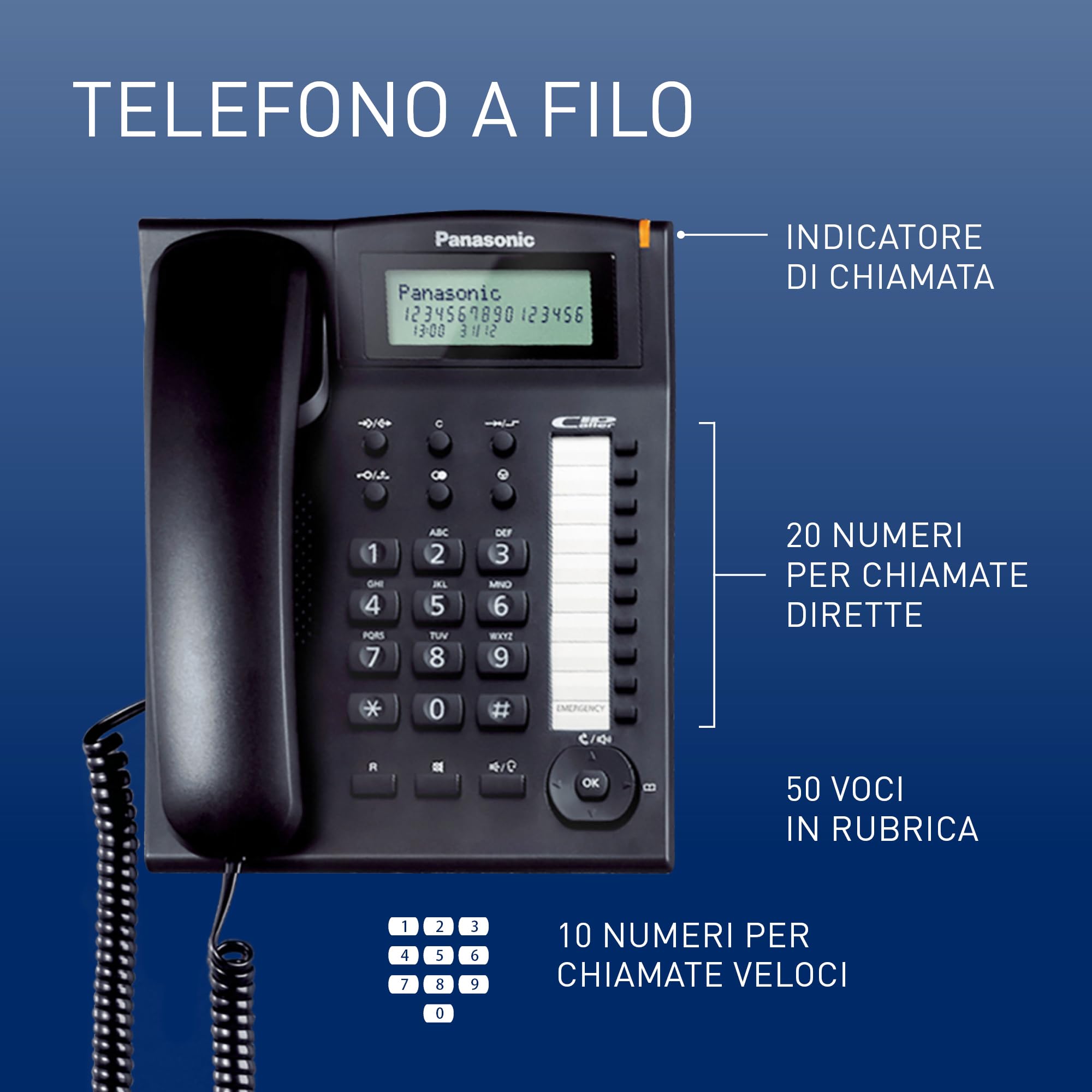 Panasonic KX-TS880EXB Telefono Fisso a Filo con Vivavoce e Identificativo del Chiamante, Sistema Telefonico Integrato, Rubrica, Richiamata a Tocco Singolo, Blocco della Selezione, Porta Dati, Nero