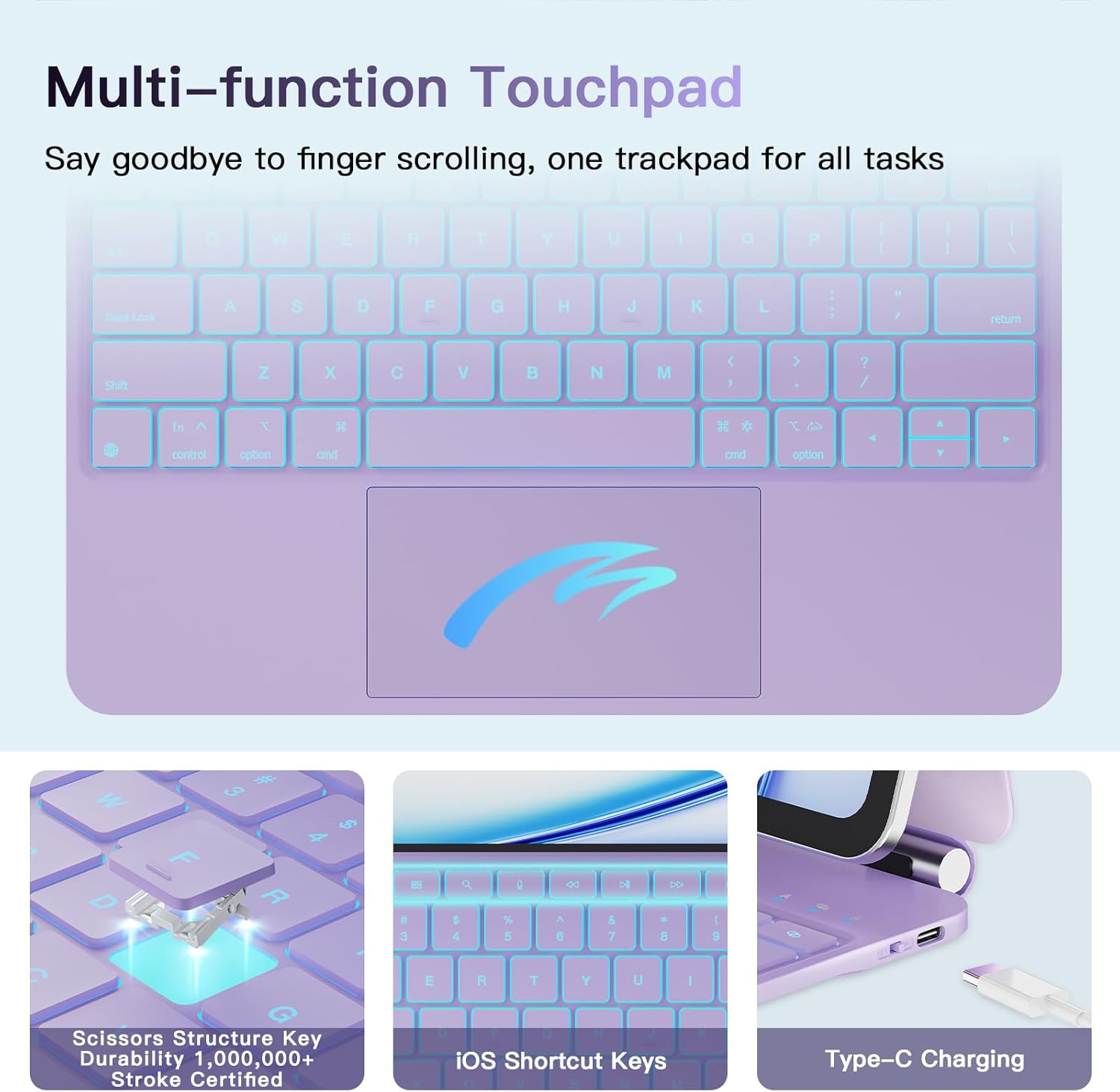 RAYMCRAFT for iPad Air 13-inch Case with Keyboard M4/M3/M2 (2026/2025/2024) & iPad Pro 12.9" (6th/5th/4th/3rd) Magic Keyboard, 11-Color Backlight with Safe Pencil Buckle, Multi-Touch Trackpad, Purple