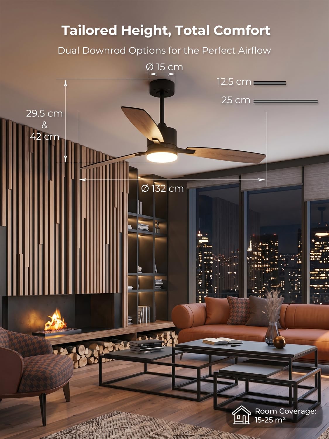 Deckenventilator mit Beleuchtung 132 cm, Leiser DC-Motor, 30W LED Dimmbar, App & Fernbedienung, Holz-Flügel Wendebar, Deckenlampe mit Ventilator für Schlafzimmer & Wohnzimmer, Schwarz