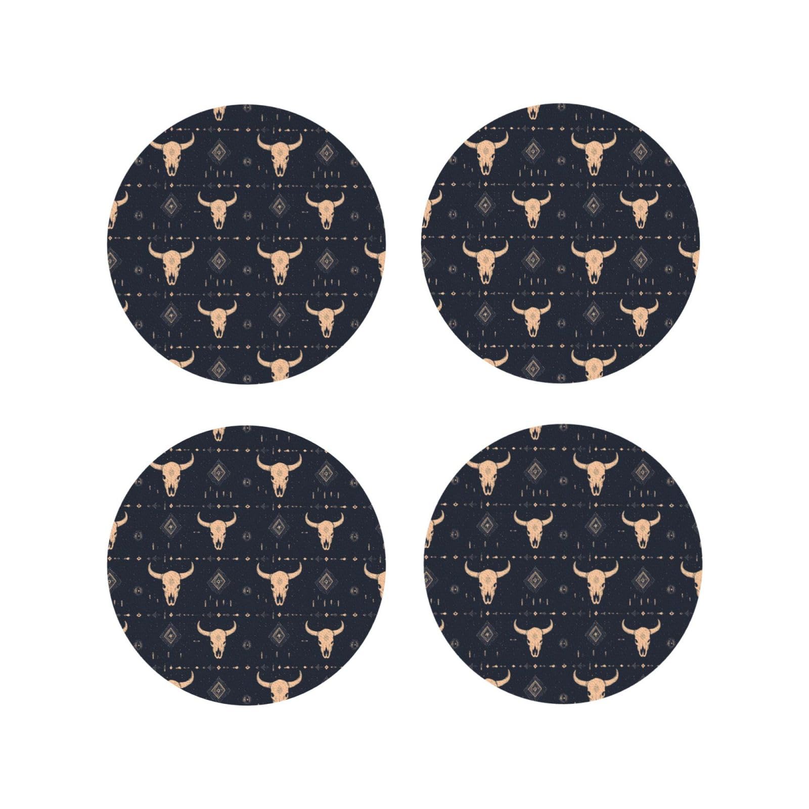 Leather Coasters Set of 4 - Vintage Skull Bull Print Lightweight Drink Coasters for Desk