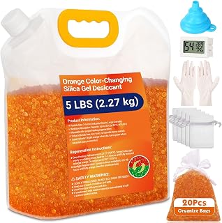5 LBS Orange Indicating Silica Gel Desiccant Beads, Reusable & Color Changing | Rechargeable Desiccant (3-5 mm) with Organza Bags for 3D Printer Filament, Electronic, Jewelry, Clothes Storage, Safe Boxes