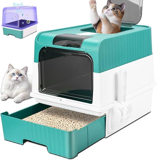Caixa de Areia para Gatos, Bandeja de Caixa de Areia com Luz Uv para Manter O Ar Fresco, Areia para Gato, Caixa de Areia para Gatos Grande Fechada,...