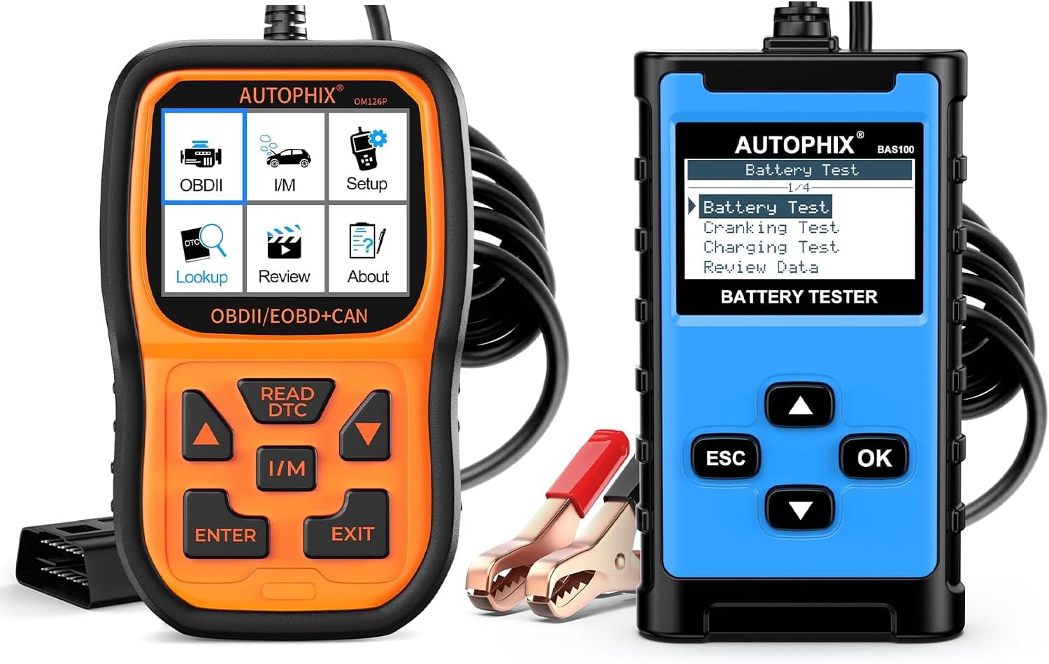 AUTOPHIX OM126P+ OBD2 Scanner Check Engine Light Code Reader with AUTOPHIX BAS100 Car Battery Tester 12V 24V 100-2000 CCA Battery Load Tester