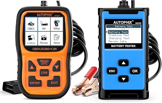 AUTOPHIX OM126P+ OBD2 Scanner Check Engine Light Code Reader with AUTOPHIX BAS100 Car Battery Tester 12V 24V 100-2000 CCA Battery Load Tester