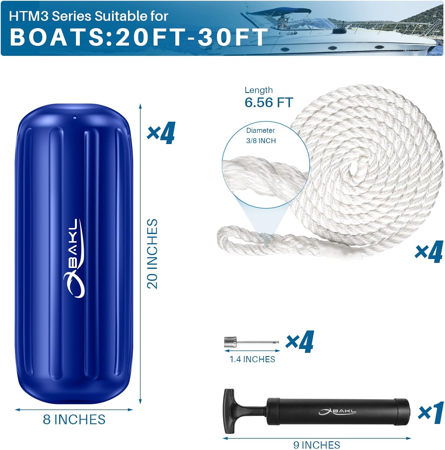 Boat Fenders 4 Pack 8 x 20 Inches Ribbed Center Hole Boat Fenders Bumpers for Docking, Comes with Ropes and Pump to Inflate