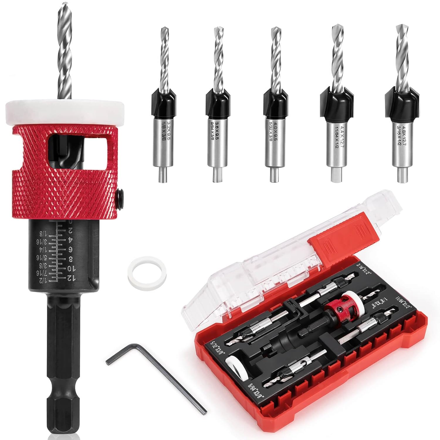5PCS Red Countersink Drill Bit Set with Low Friction Depth Stop, Replaceable HSS Pilot Drill, Multi-Size Bits, 1/4" Hex Shank, for Woodworking, with Storage Box