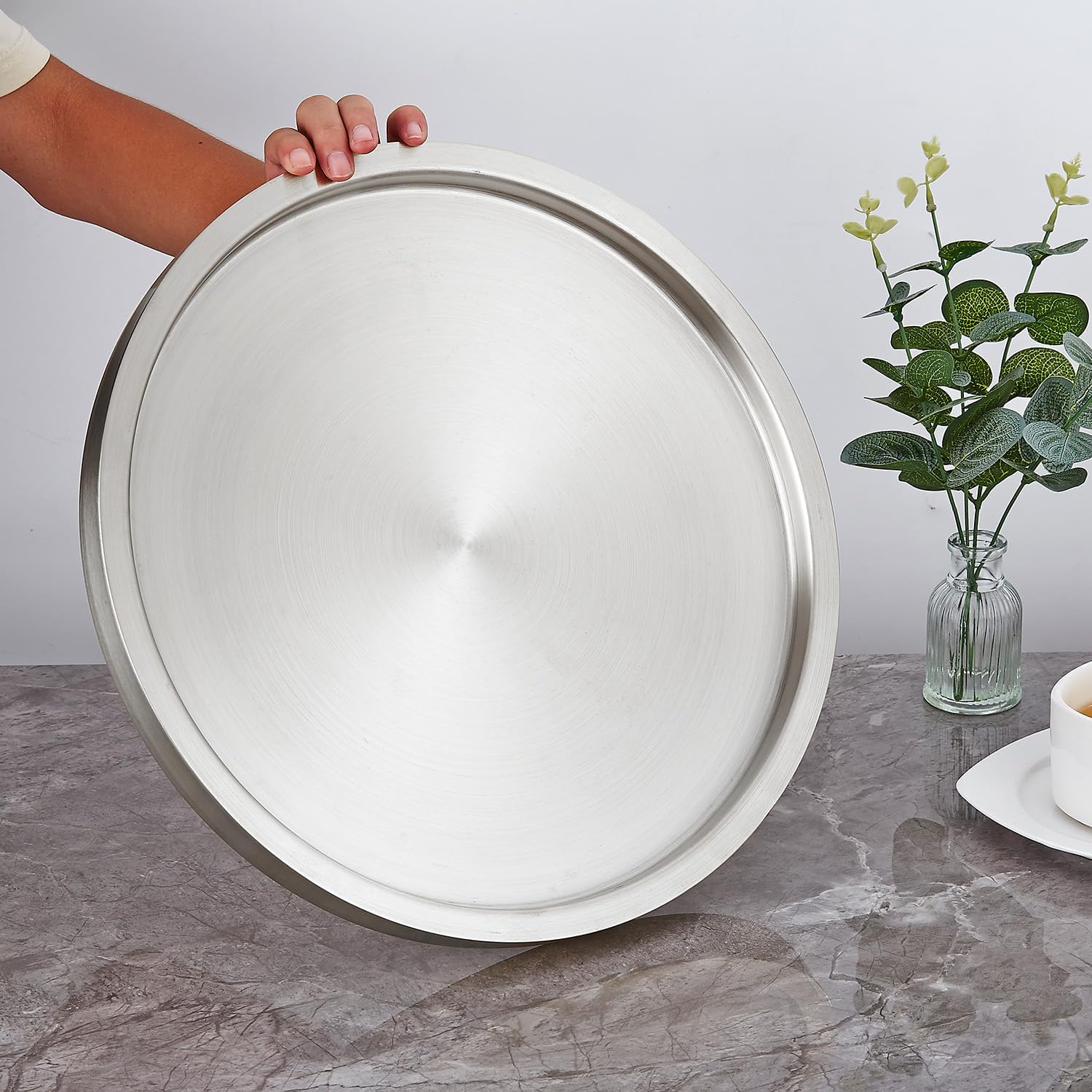 Stainless Steel Round Bar Serving Tray 12.5",Double Wall,Ideal Coffee Table, Decorative,Rotisserie Plate, Tea and Bar Serving,Silver - Image 3