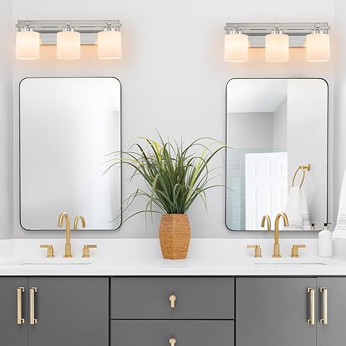 Miniatura 6 de Lámparas de baño modernas de 3 luces sobre espejo, luces cromadas para pared de baño con pantallas de vidrio blanco lechoso, enchufe E26 (bombillas