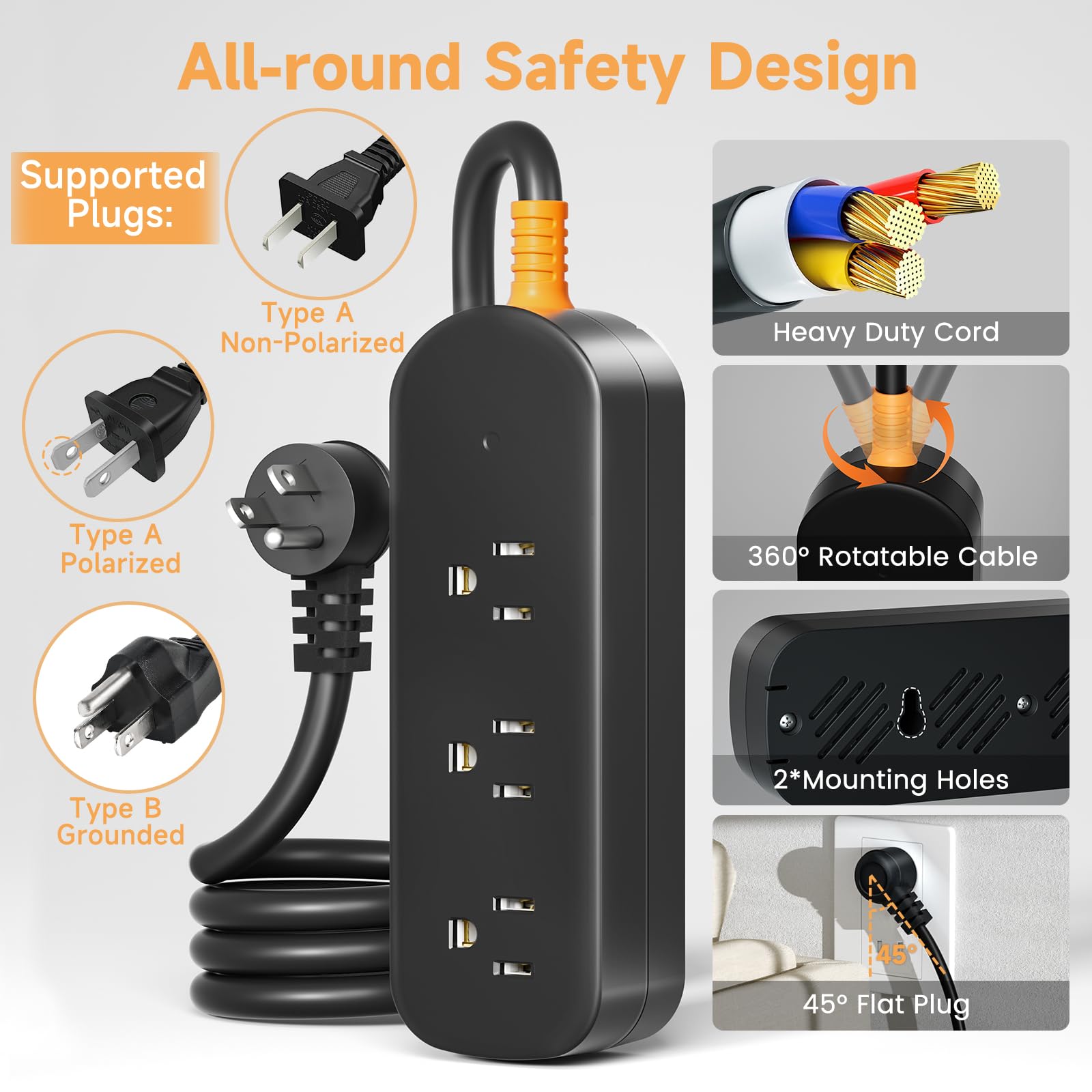Regleta de alimentación para exteriores, resistente a la intemperie, cable de extensión de 6 pies, 3 salidas de CA, protector de sobretensión, impermeable, compacto para el hogar, oficina, cocina