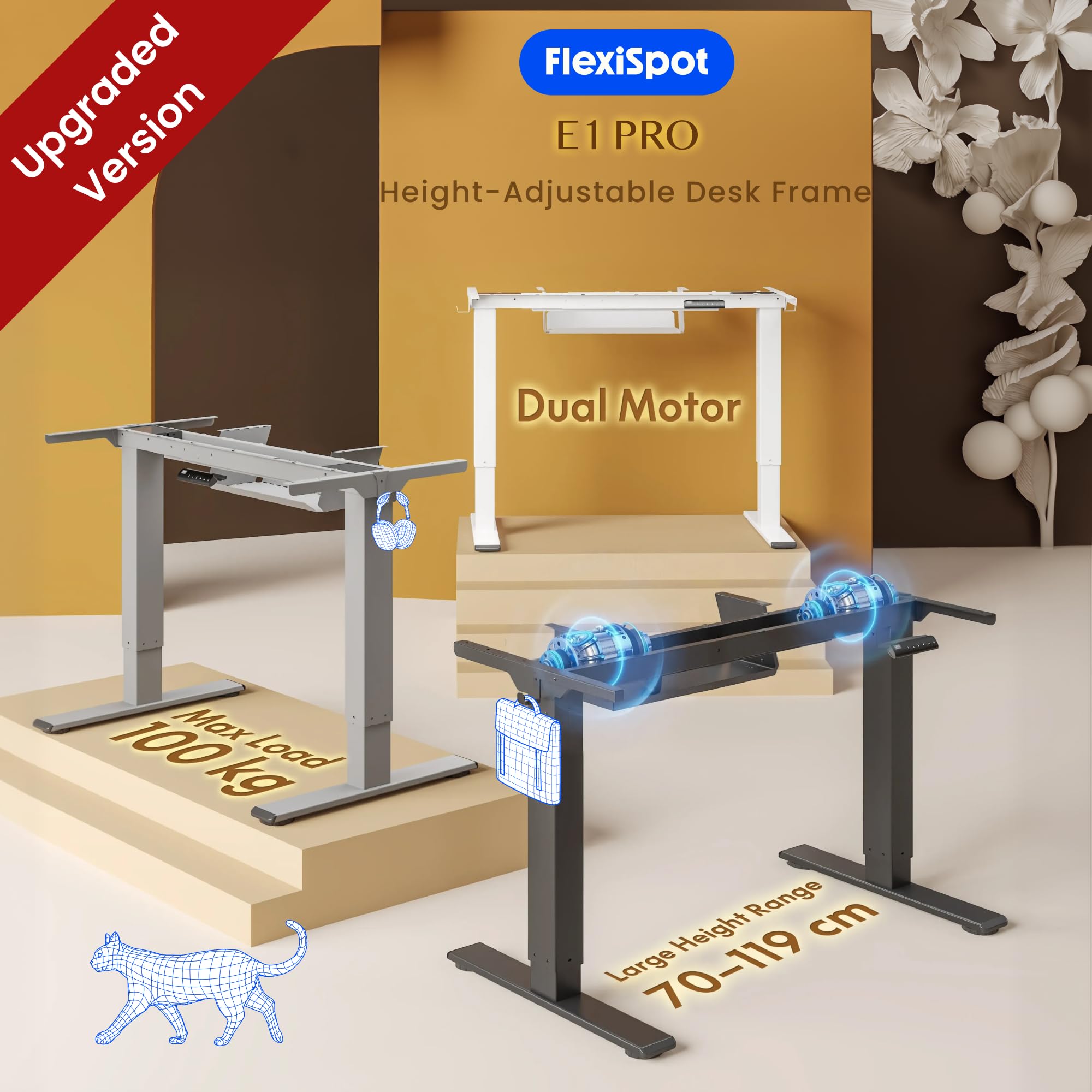 FLEXISPOT Höhenverstellbarer Schreibtisch Gestell, Elektrisch Tischbeine mit 2 Motoren & LED-Höhenanzeige & 4 Speicherfunktionen, inkl. 2 Haken & Kabelmanagement, Schwarz