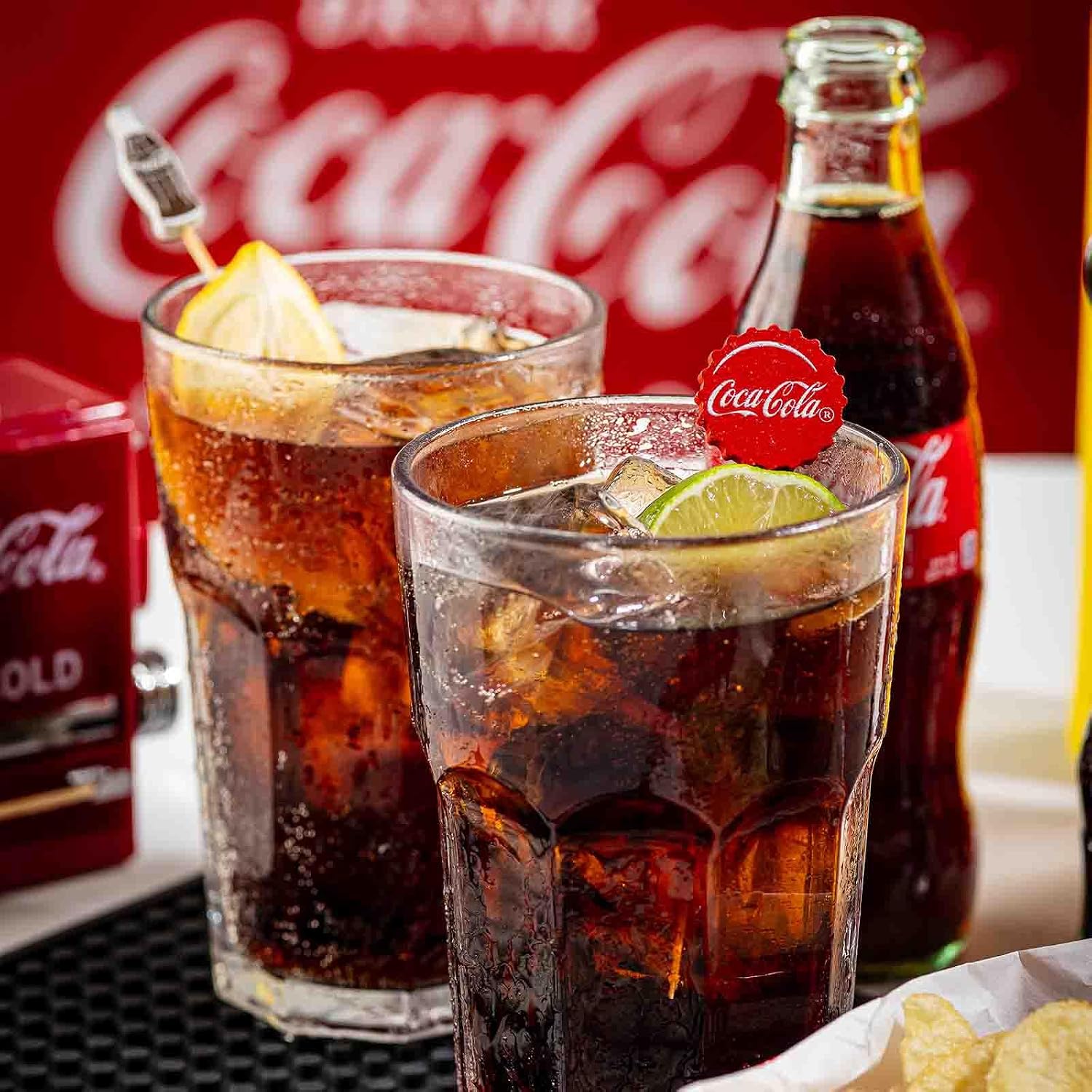 TableCraft 12290 Coca-Cola Red Bottle Cap Decorative Picks, 4.5” Bamboo & Pinewood, Nostalgic Single-Use Garnish for Cocktails, Appetizers, Cupcakes & Sliders, Retro Party Decor, Pack of 100