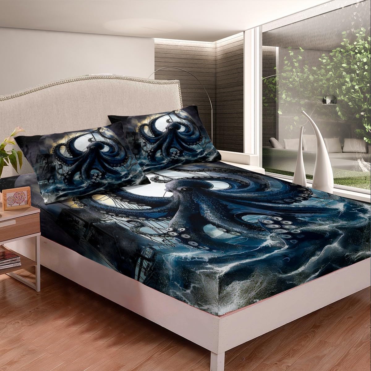 Octopus Bed Sheets Nautical Sealife Fitted Sheet Kids Navy Blue Tentacles Sheets Queen,Sea Waves Sailboat Sheets,Marine Life Animals Bed Set for Boys Girls Teens Adults Room Decor