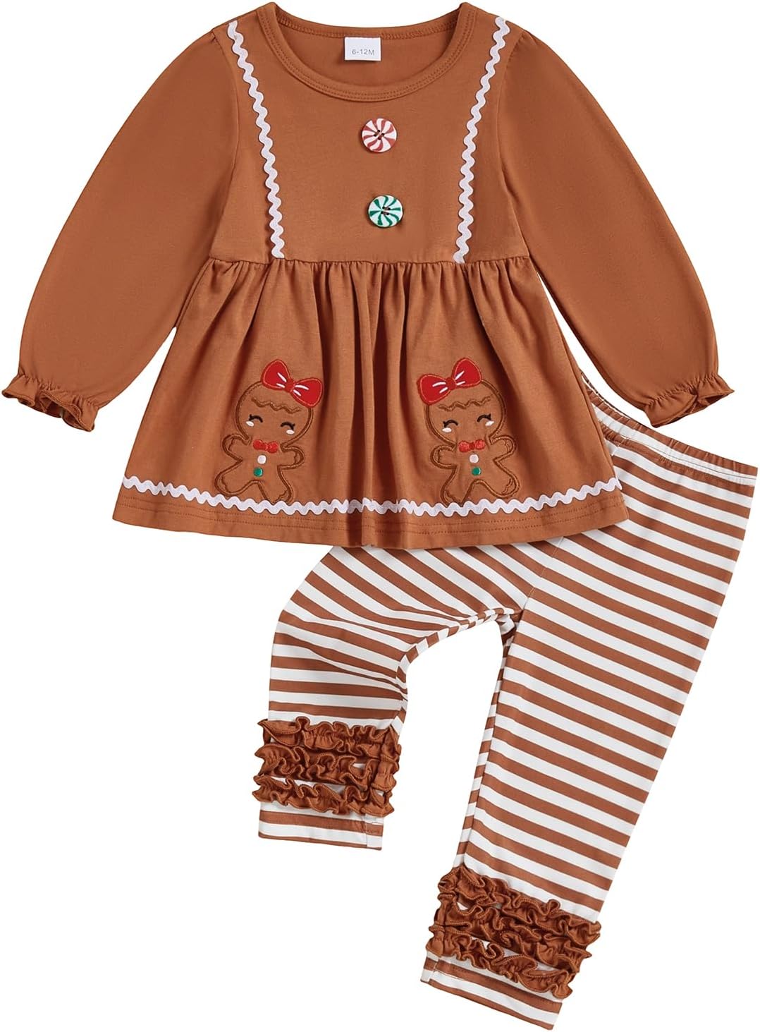Toddler Baby Girls Christmas Outfit Gingerbread Man Clothes Set Cute Printed T-shirt with Striped Pants