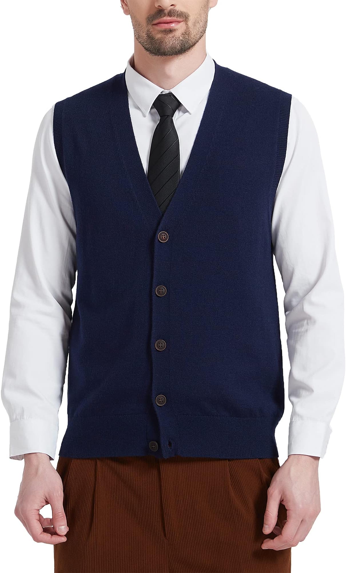 Men’s Wool Blend Vest Sweater V Neck Button Front Sleeveless Cardigan Smart Casual Jumper Knitwear