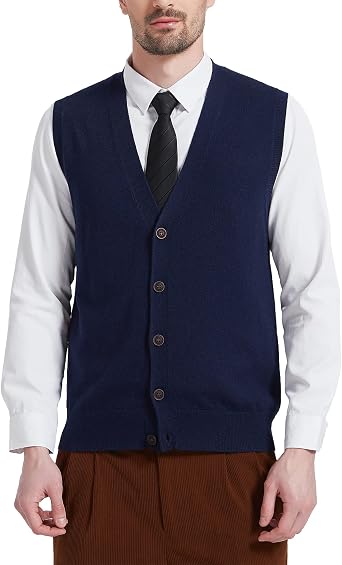 Kallspin Mens Sweater Vest Wool Blend V-Neck Button Sleeveless Cardigan Vest Sweater