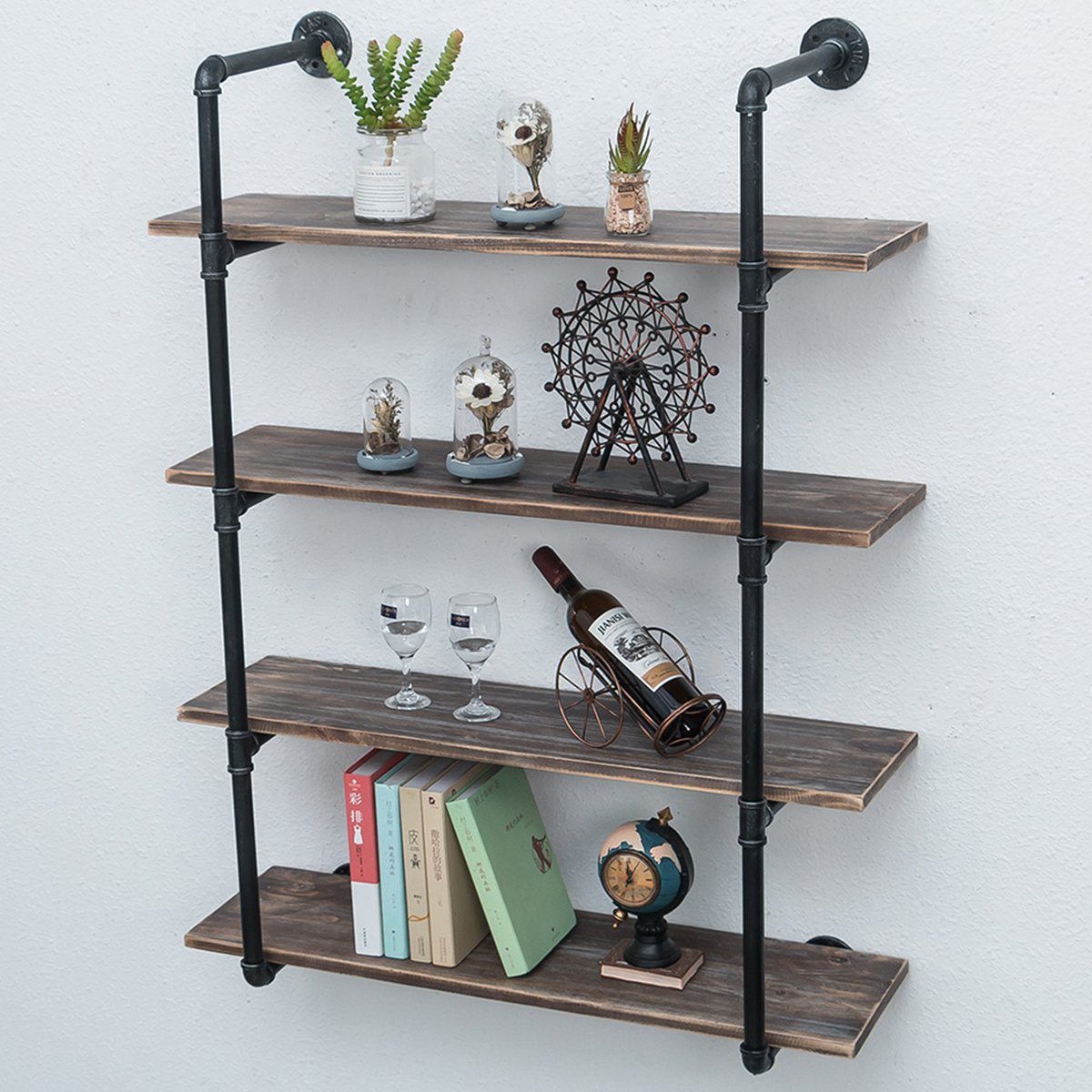 Industrial Pipe Shelves with Wood 4-Tiers,Rustic Wall Mount Shelf 36.2in,Metal Hung Bracket Bookshelf,DIY Storage Shelving Floating Shelves