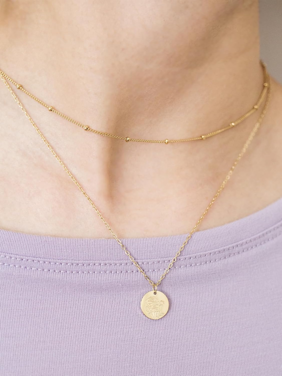 Birth Flower Necklace,14K Gold Plated Layered Necklaces for Women, Birth Month Flower Coin Pendant Necklace Set, Satellite Chain, Birthday Gifts - Image 6